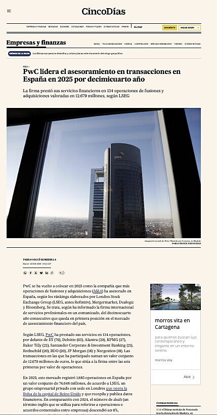 PwC lidera el asesoramiento en transacciones en Espa�a en 2025 por decimicuarto a�o